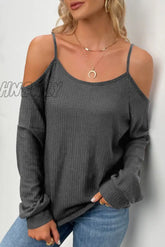 Hnewly - Casual Solid Hollowed Out Draw String O Neck Tops(6 Colors) Grey / S Tops/Long Sleeve Tops